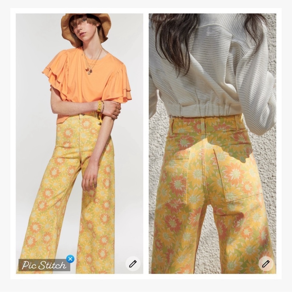 Zara Yellow Floral Wide Leg Jeans